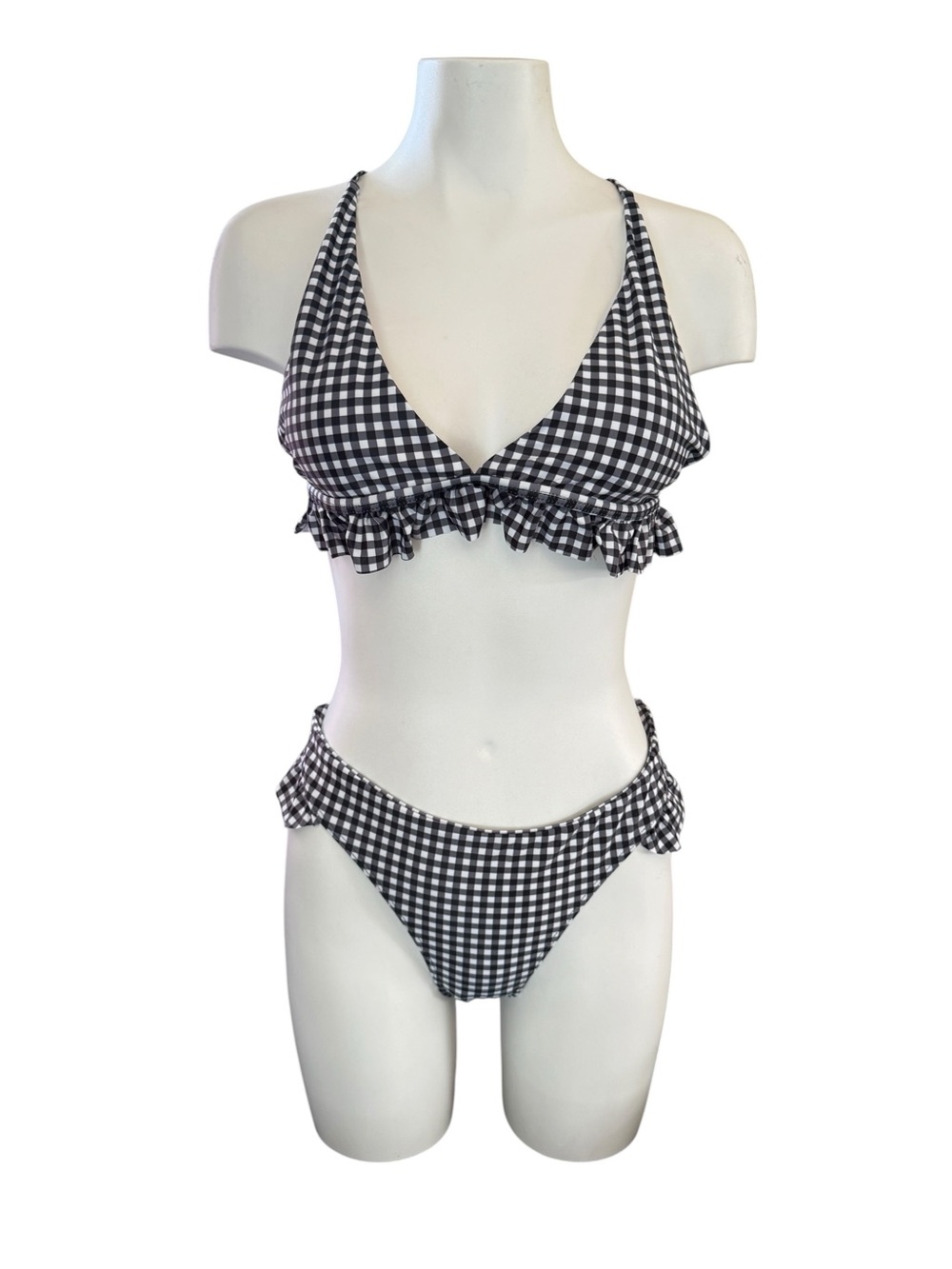 Black & White Gingham Ruffle Bikini Set - Women